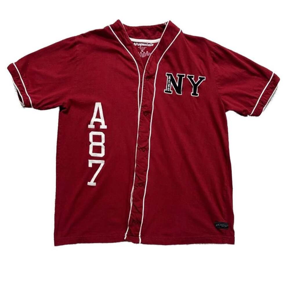 Aeropostale Mens A87 NY Red Short Sleeve Baseball Jersey Shirt Medium